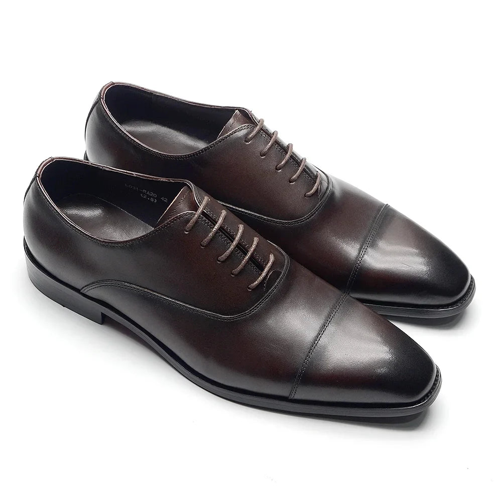 Classic Cowhide Genuine Leather Mens Dress Shoes Black Brown Cap Toe Lace-Up Oxford Company Business Office Formal Shoes for Men