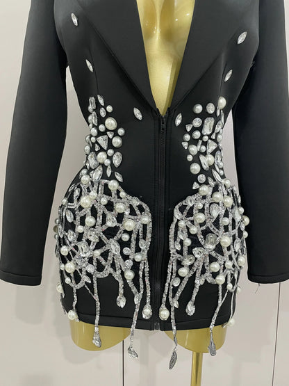 Crystal Chains Pearls Long Sleeve Mini Dress 2025 Women Birthday Evening Party Nightclub Outfit Singer Wedding Costume