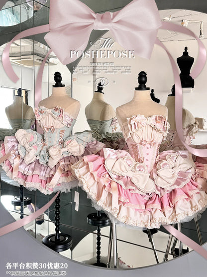 Girls Birthday Lolita Dress 2024 Spring and Summer Women's Tube Top Satin Bowknot Slim Pettiskirt Short Mini Party Dress