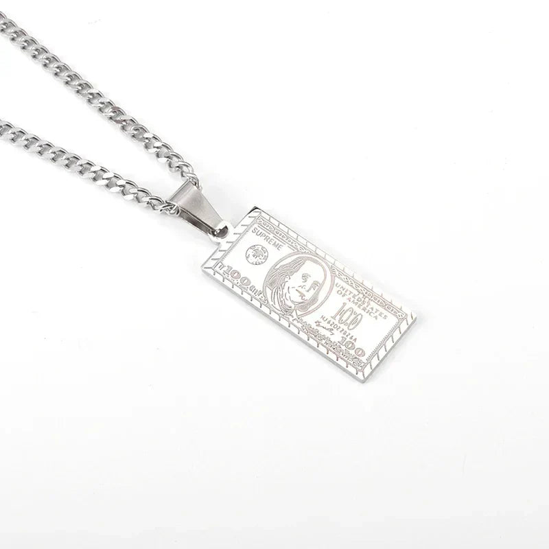 Stainless Steel 100 Dollar Bill Pendant Necklace for Men Women Fashion Lucky Wealth Jewelry Exquisite Gift