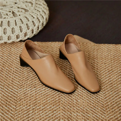 2025 Hot Sale slip-on Genuine Leather Women Pumps Square Toe Med Thick Heels Soft Upper Pumps Office Ladies Dress Shoes