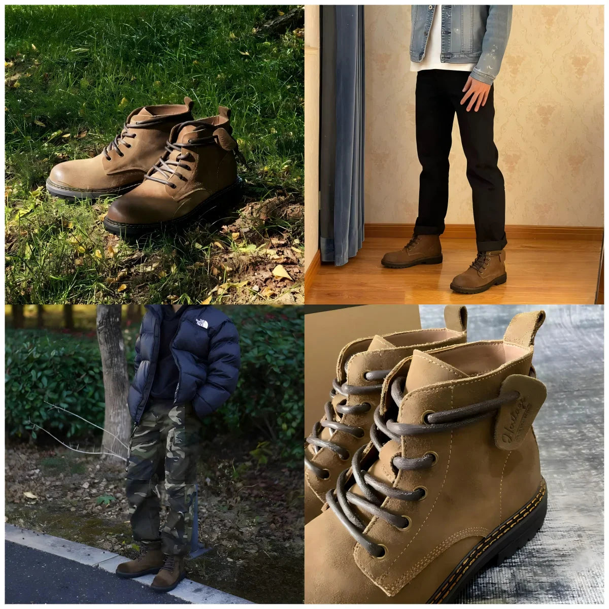 Men Vintage Split Suede Fleece-lined Boots Brown High-Top Work Boots Lace-Up Desert Ankle Rugged Sole Boots Outdoor Shoes