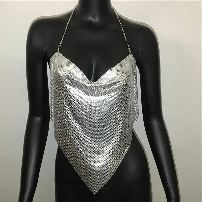 Shiny Metal Sequins Tank Tops For Women Sexy Backless V Neck Adjustable Chain Crop Top Lady Festival Rave Party Club Camisole
