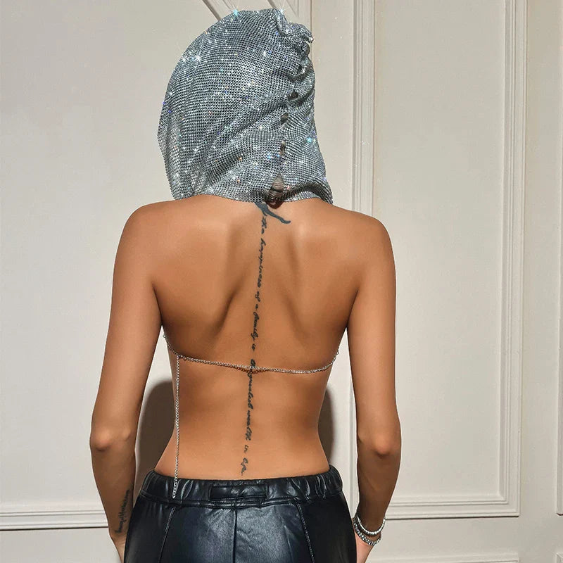 2025 Summer New Rhinestone Hooded Crop Top Sexy Deep V Neck Backless Sleeveless Glitter Tank Top Rave Nightclub Party Camisole