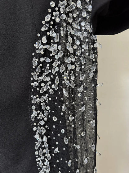 Designer Vestido Women's Diamonds Beaded Slash Neck Off The Shoulders Patchwork Gauze Long Maxi Dress