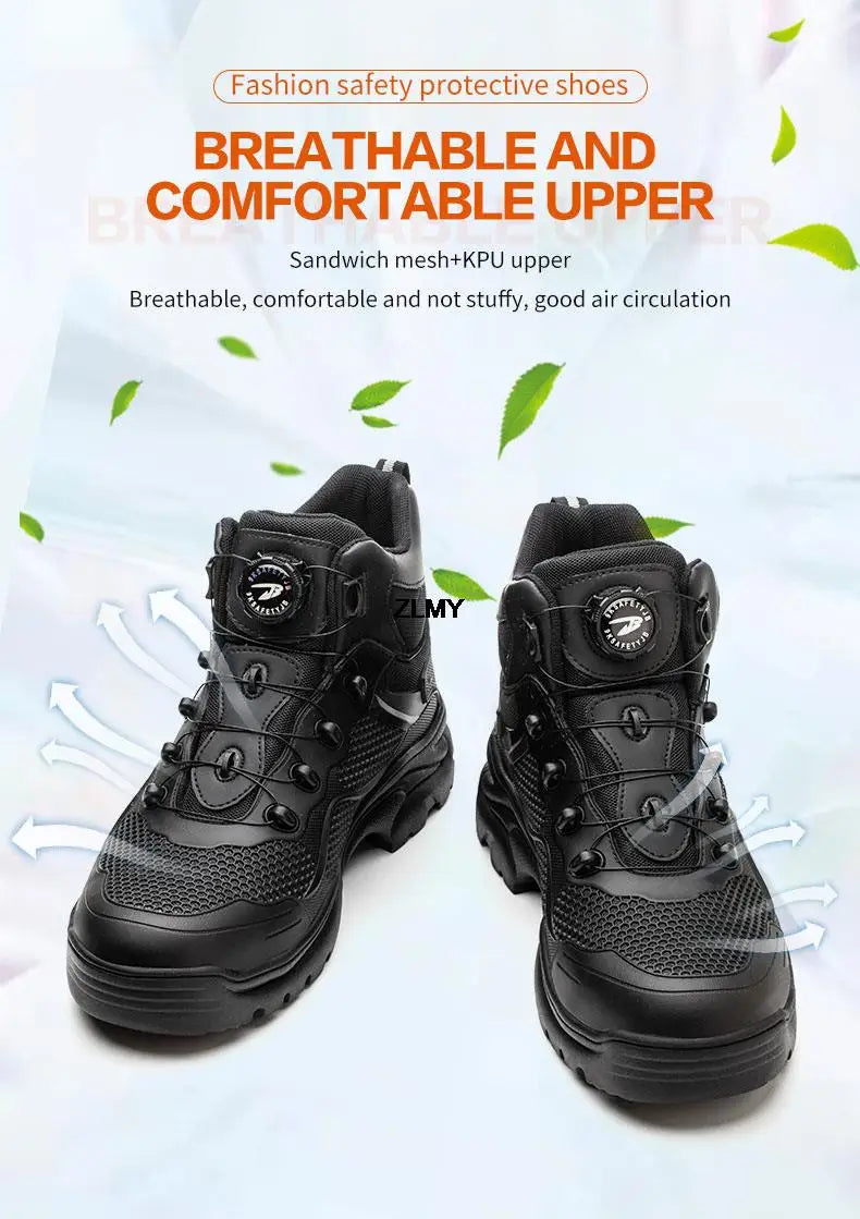 Construction Work Boots Men Steel Toe Safety Shoes Rotated Button Anti-smash Puncture Proof Sneakers Man High Top Security Boot