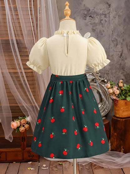 Elegant dress for girls, three-dimensional floral lace collar, retro rose print waist cinching dress (with a belt included)