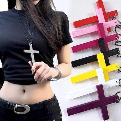 Y2K Wood Cross Pendant Necklace for Women Men Vintage Cool Spicy Girls Hip Hop Fashion Necklace Party Jewelry Accessories Gift
