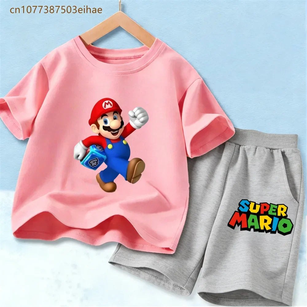 Kids Mario Graphic Short Sleeve T Shirt And Shorts Set Lightweight Summer Sport Costume Boys Girls Casual Home Outdoor Clothes
