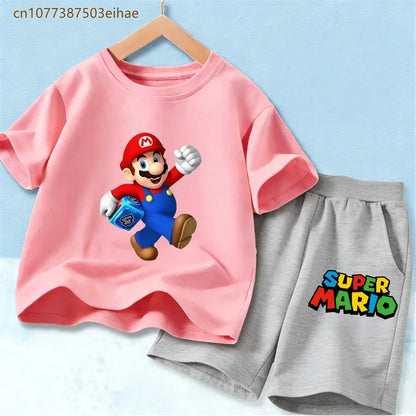 Kids Mario Graphic Short Sleeve T Shirt And Shorts Set Lightweight Summer Sport Costume Boys Girls Casual Home Outdoor Clothes
