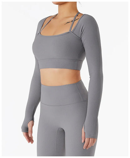 Women Yoga Set Gym Clothing Tracksuit Long Sleeve Crop Top One Shoulder Bra High Waist Seamless Leggings Fitness Sports Suits