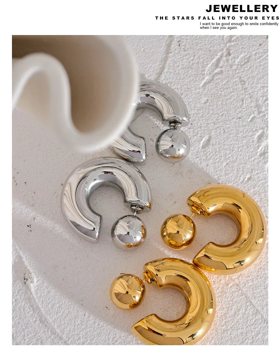 Stainless Steel C Shape Round Chunky Unusual Earrings Jewelry Waterproof Metal Texture Attractive Women Accessories Gift