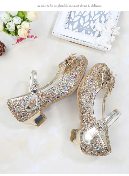 2026 Spring New Children's Shoes  Princess Shoes Girl's Fashion Sandals Crystal Princess Shoes Blue Pink Silver