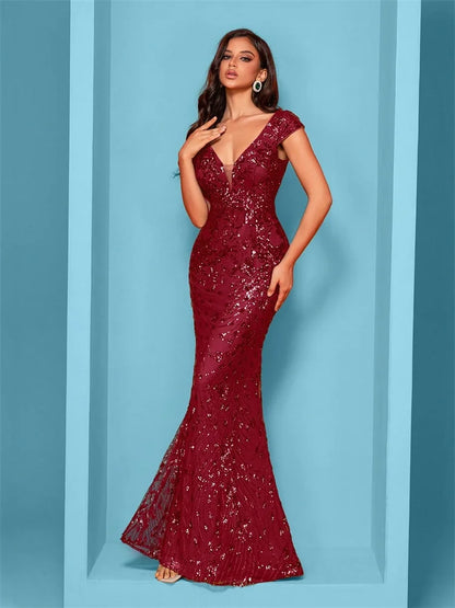 Elegant Champagne Evening Dress For Women Long 2024 Luxury Mermaid Formal Sequins Prom Wedding Party Cocktail Dresses