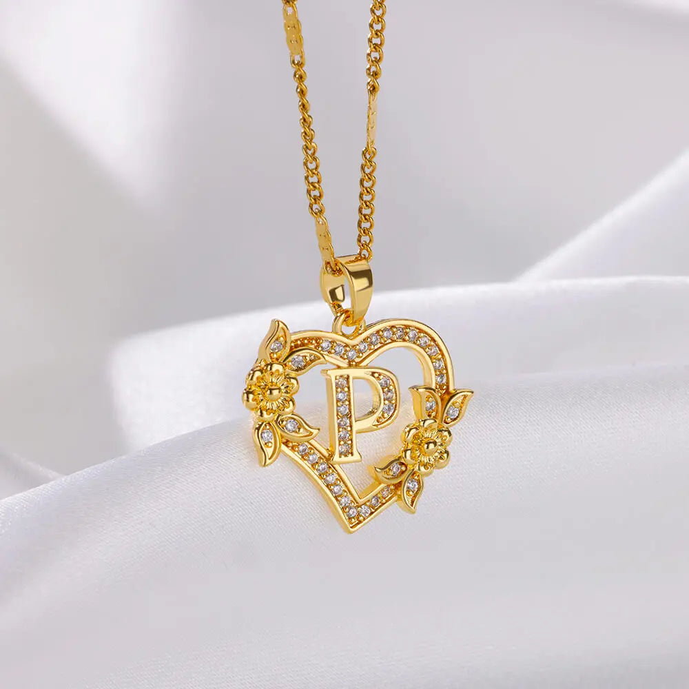 Flower Zircon Initial Heart Pendant Necklaces For Women 2024 Trend Stainless Steel Letter Necklaces Jewelry Best Friend Gifts