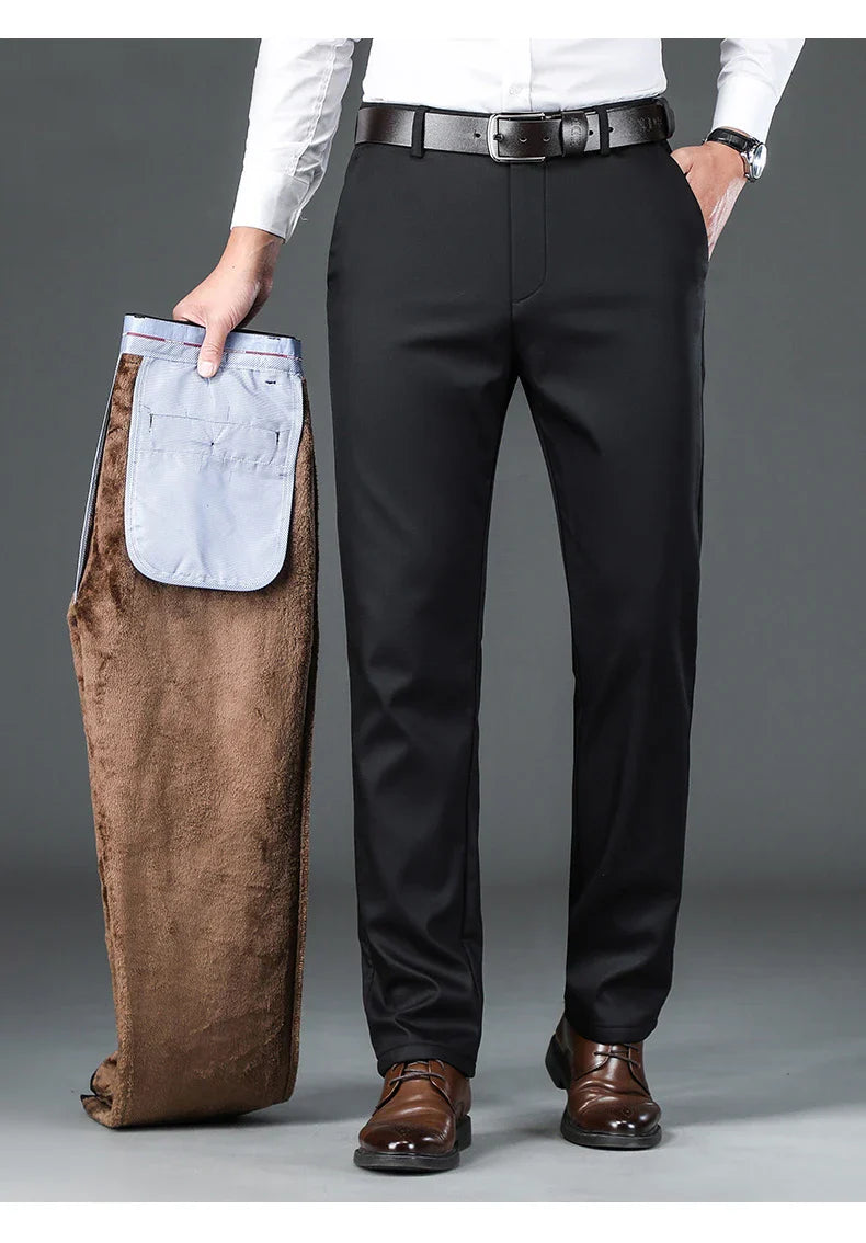 Winter New Flannel Thick Men's Casual Pants Fleece Navy Black Business Straight Slim Stretch Warm Plush Trousers Male