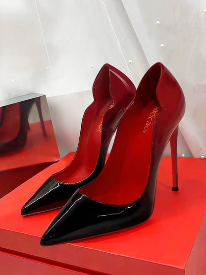 Curved edge shallow mouth gradient red12cm high heels for women,ultra-fine heels,temperament plus size professional single shoes