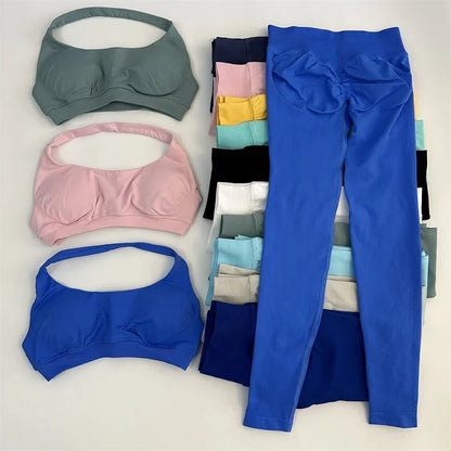 Yoga Legging Sets for Women Seamless Yoga Set Scrunch Butt Legging Set Workout Gym Suit with Halter Crop Top