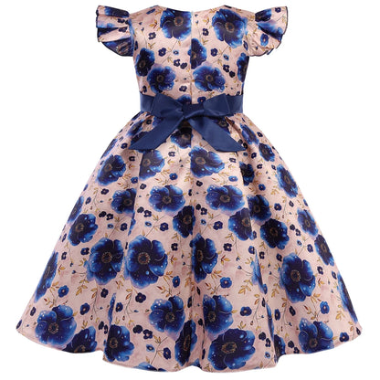 2026 summer new dress Europe and the United States small fly sleeve printed dress little girl host high-end performance clothing
