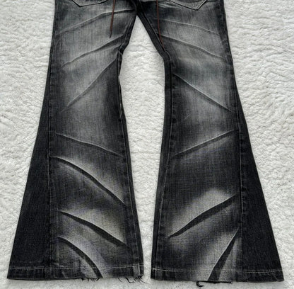 Y2K Distressed Flare Jeans Gothic Men Double Waist Lace Up Denim Pants Retro Washed Scratches Streetwear Unisex Bootcut Jeans