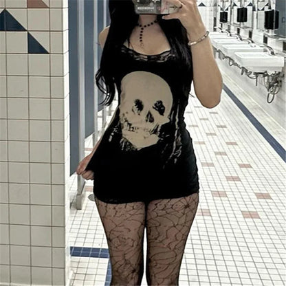 Streetwear Anime Skull Print Straps Mini Dress Fairy Lace Stitch Club Outfits Slim Sexy Bodycon Dresses Mall Gothic