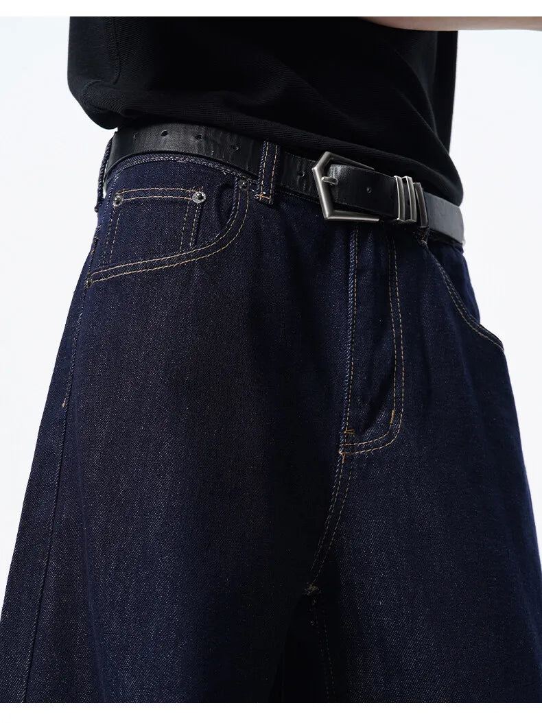 Calça Jeans Masculina Azul Escuro Solta Comprida Reta Clássica De Comprimento Do Chão Atacado Venda Quente Minimalista Casual Streetwear