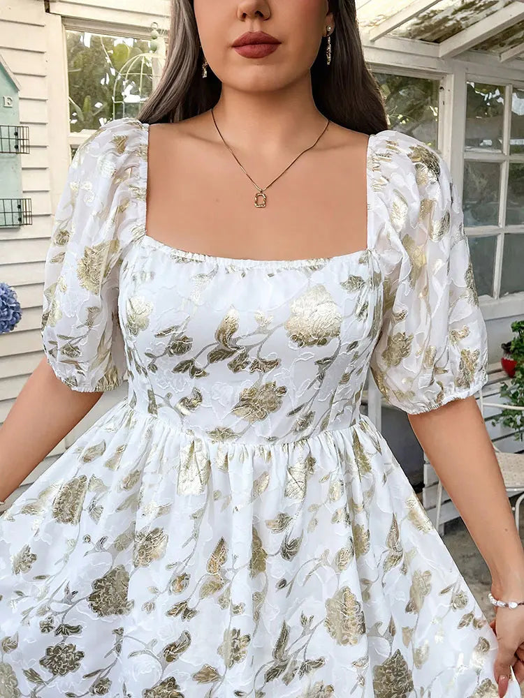 New French Elegant Square Neck Gold Digital Print Plus Size Dress Short Lantern Sleeve Mini Skirt Party Wedding Guest Dresses