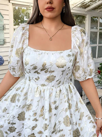 New French Elegant Square Neck Gold Digital Print Plus Size Dress Short Lantern Sleeve Mini Skirt Party Wedding Guest Dresses