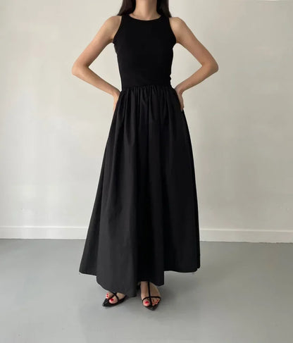 Simple Elegant Black Long Dresses For Women Round Neck Sleeveless High Waist Temperament Female Fashion Style Dress