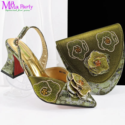 Spring New Design Italian Ladies High Heels Shoes Matching Irregular design Bag in Yellow Color with Appliques