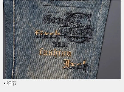 New Spring/Autumn Fashion Trendy Printed American Retro Straight Leg Jeans Men's Casual Sports High Quality Stretch Denim Pants