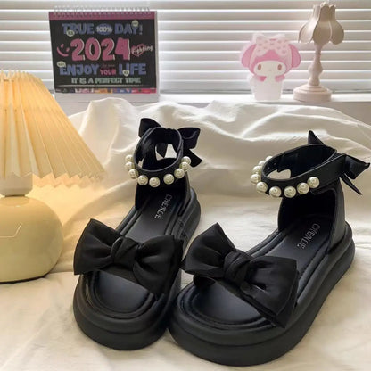 Girls Sandals Pearl Bow Princess Shoes 2026 Summer New Children's Beach Shoes Girls Soft Sole Sandals