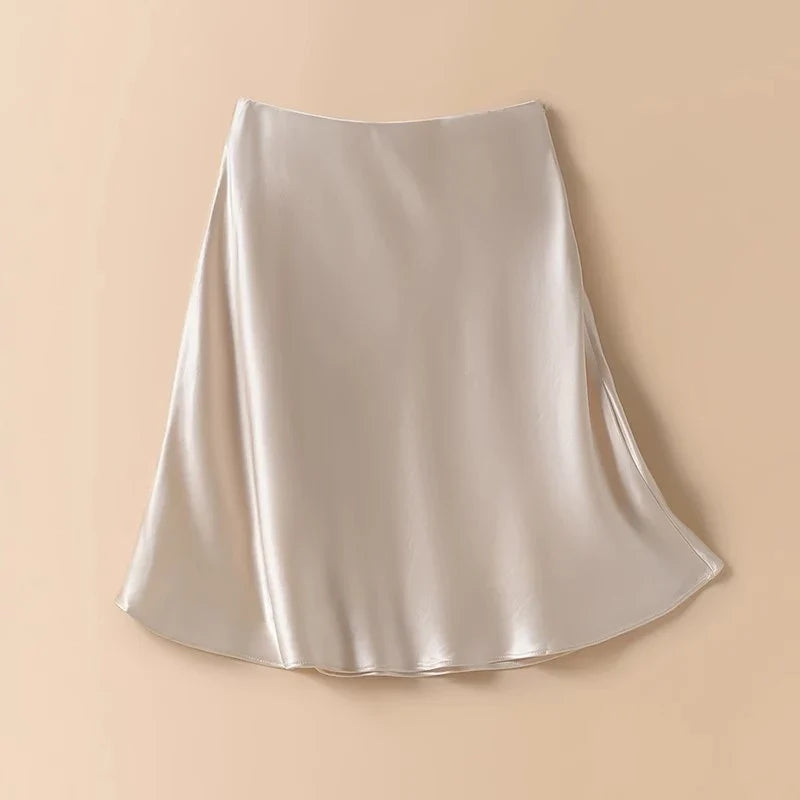 2026 Summer Lady High Waist Thin Acetate Satin Skirts Lady Solid Color A-line Dresses Girls Chic Korean Fashion Skirts