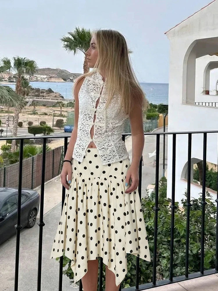 Elegant Summer Women Polka Dot Midi Skirt 2026 High Waist Irregular Hem Flowy Ruffle Skirt Beach Vacation Office Party Casual