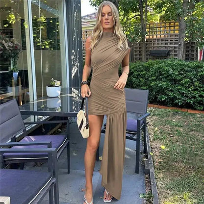 Summer Draped Ruched Sexy Mini Dress Women 2025 New Irregular High Waist Slim Fit Dress Female Elegant Club Tank Dress