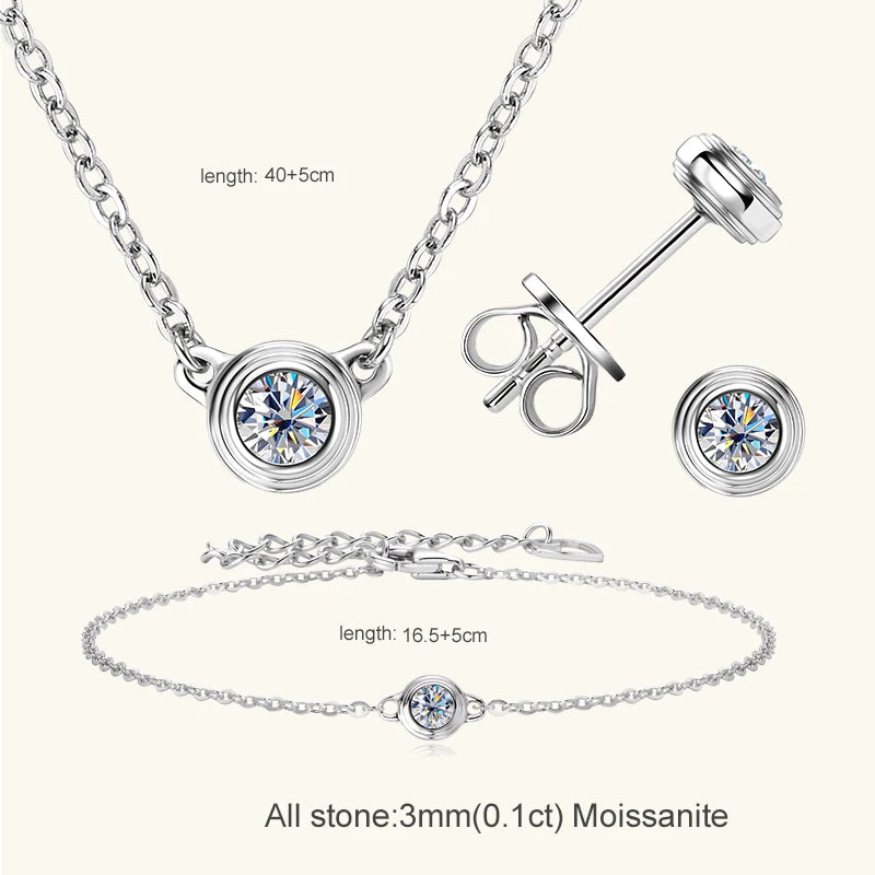 3mm 0.1ct Moissanite Diamond Necklace Bracelet Stud Earring For Women Simple Single Stone Earrings Bracelets Jewelry Set