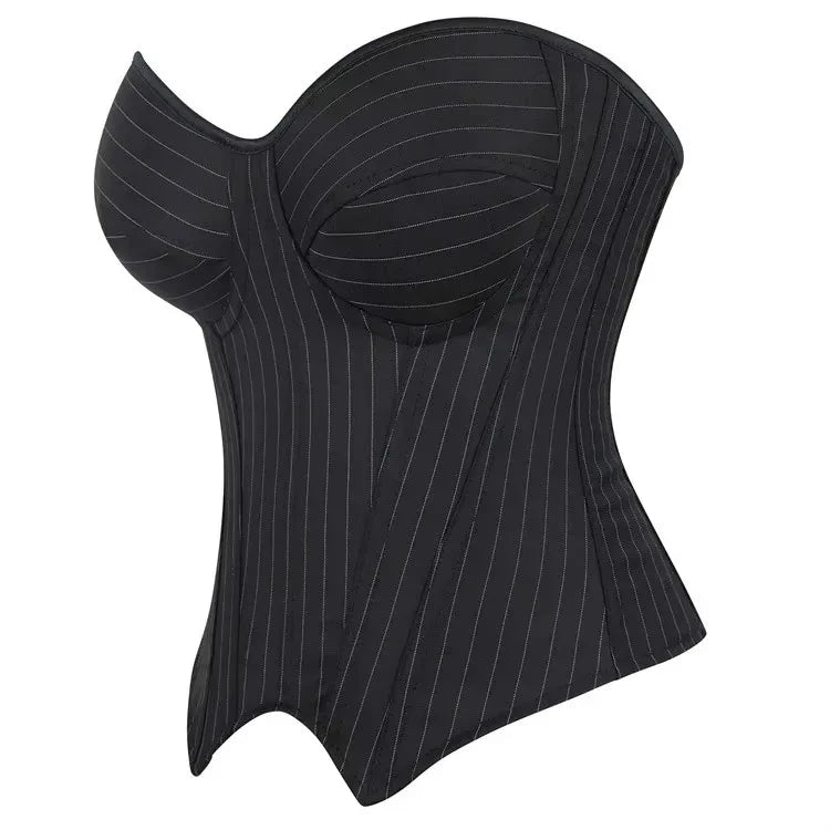 Black Striped Zipper Overbust Corset and Bustier Shapewear Top for Women Office Lady Corselet