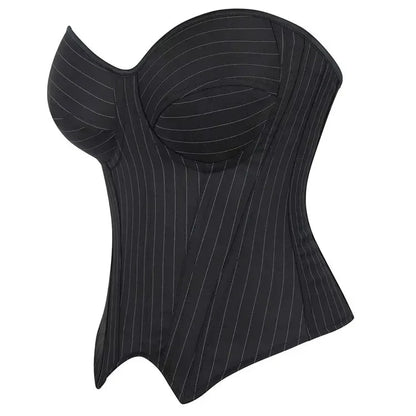 Black Striped Zipper Overbust Corset and Bustier Shapewear Top for Women Office Lady Corselet