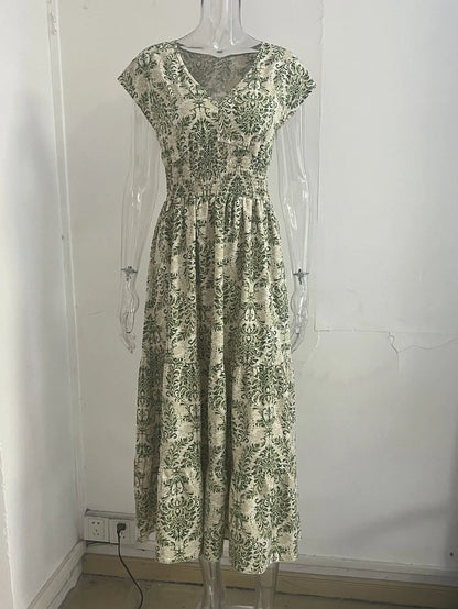 2025 vintage printed dress fashionable and elegant V-neck short sleeved jumpsuit long skirt women's clothing