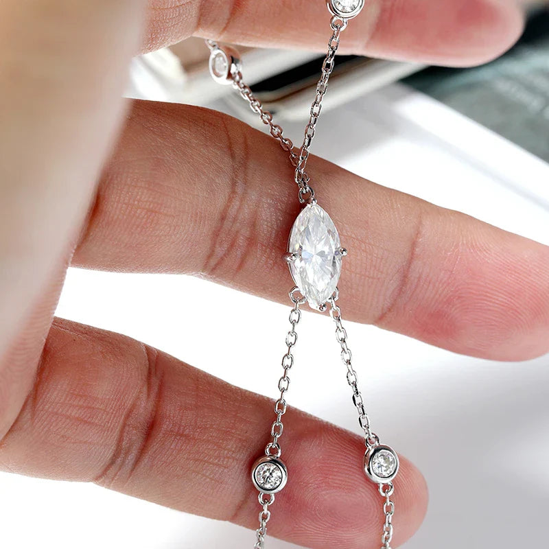3EX Marquise Cut Moissanite Finger Chain Bracelets for Women 14-20cm Wrist Size Adjustable s925 Silver Hand Jewelry Gift