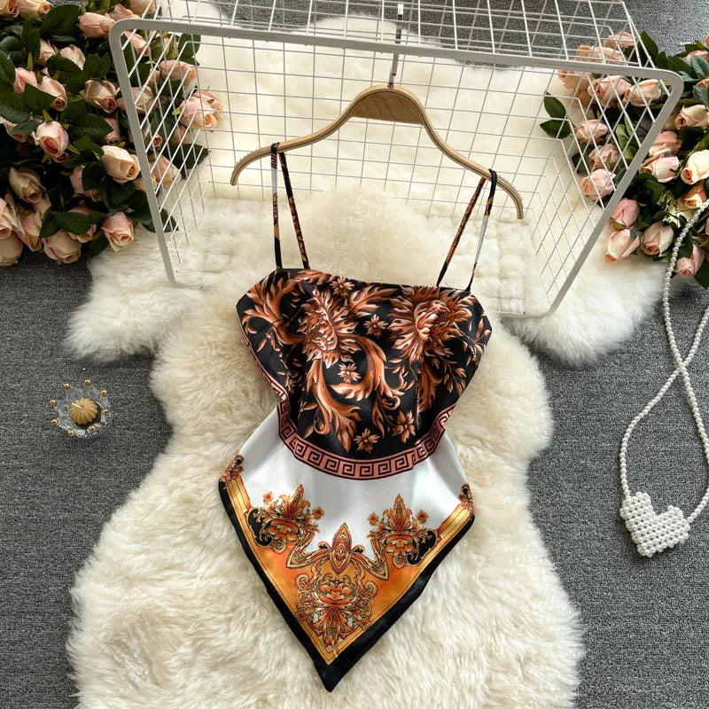 Women Sexy Backless asymmetrical lace-up Camis Print Tank Top Chic One-piece Corset Bustier Summer Beach vacation Crop Top