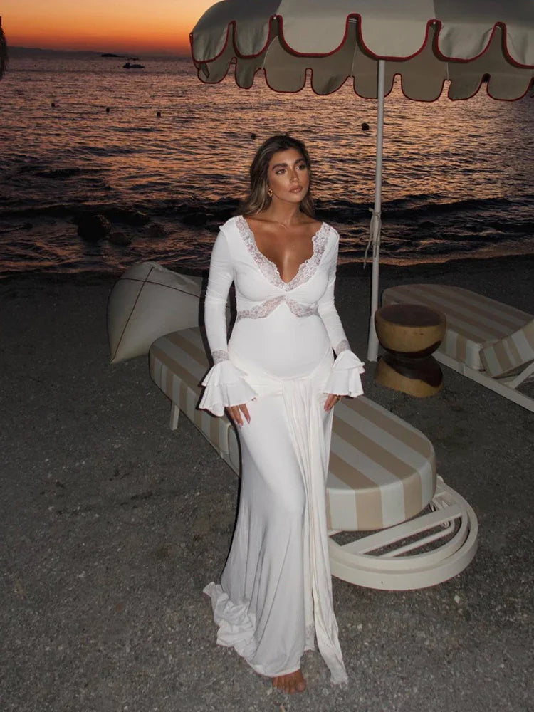 Slim Draped Ruched Hollow Out Maxi Dresses for Women Patchwork Lace V Neck Long Sleeve Long Dress Female Party Club Evening Robe