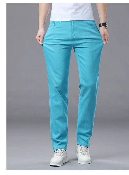 Straight Fashion Men's Jeans Solid Color Casual Business Stretch Washed Denim Trousers Breathable Streetwear Trendy Male Pants