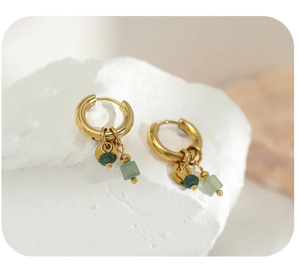 18K Gold Plated Stainless Steel Hoop Earrings for Women Vintage Green Natural Stone Charms Trendy Waterproof Jewelry