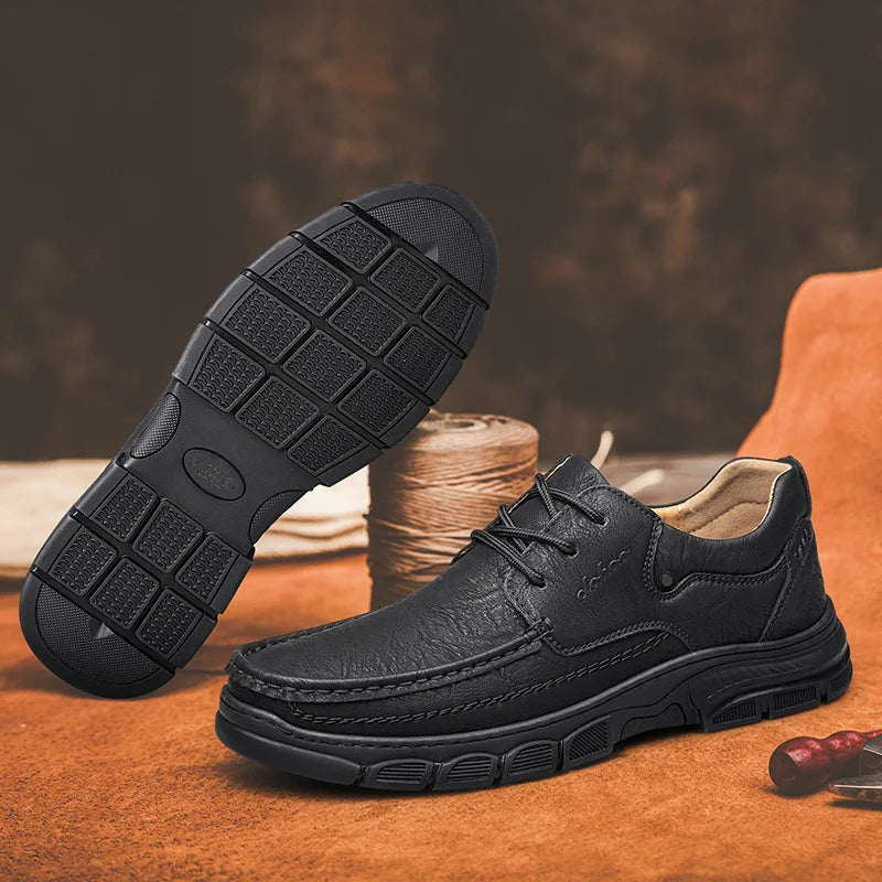 Men's Handmade Thick Rubber Bottom Breathable Casual Leather Shoes Classic Sewn Loafers Comfortable Leisure Footwear