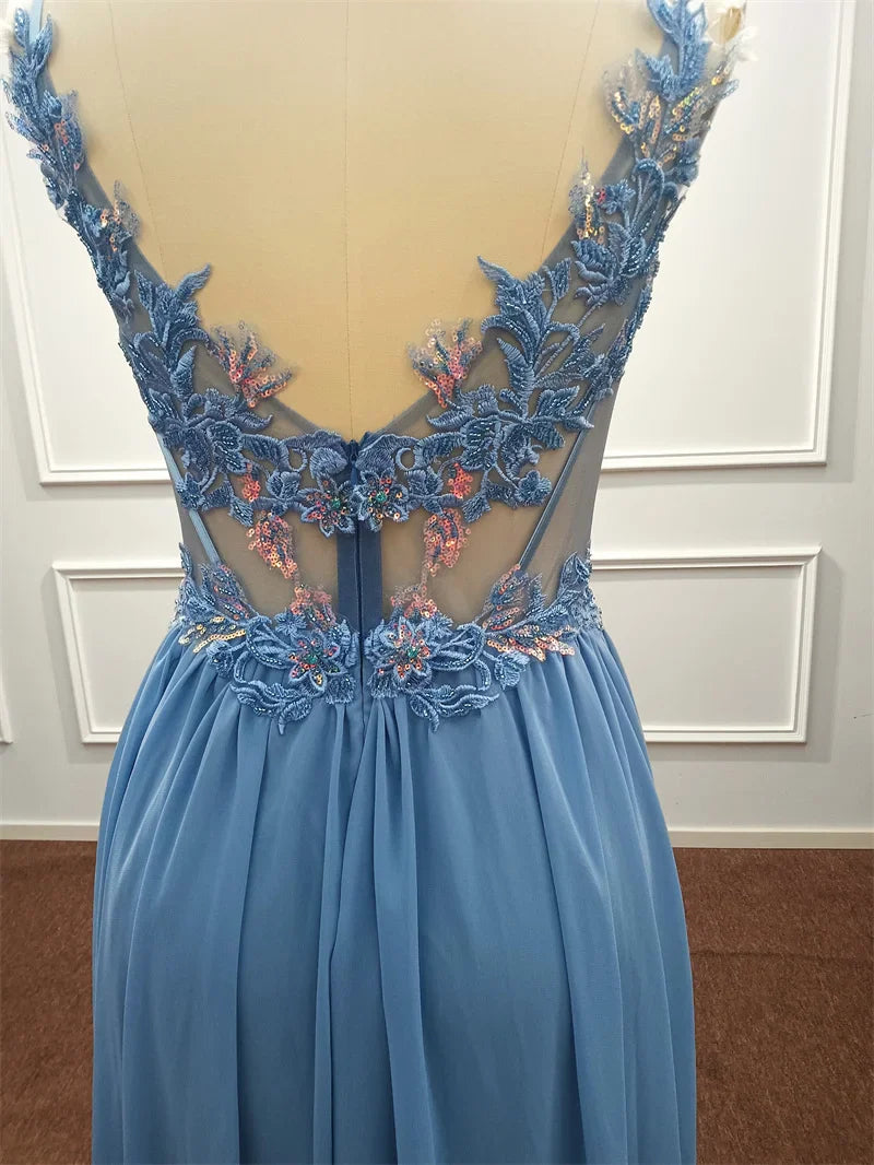 Real Photos Delicate Multi Color Prom Dress V Neck Beaded Appliques Illusion Spaghetti Strap Evening Gowns Lightning Delivery