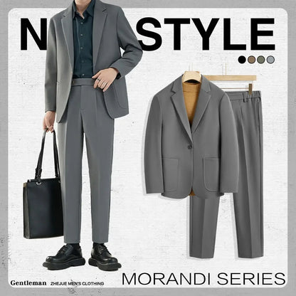 2 Piece Outfit Set Male Solid Color Youth Trends Costumes Ceremony Pants Full Men's Suits and Blazers Clothes Classic Elegant