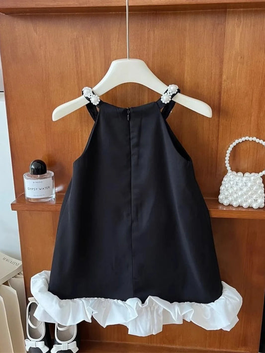 Vestido Pérola Preta de Verão para Meninas – Vestido charmoso sem mangas em linha A com alças de miçangas e barra com babados, moda infantil elegante