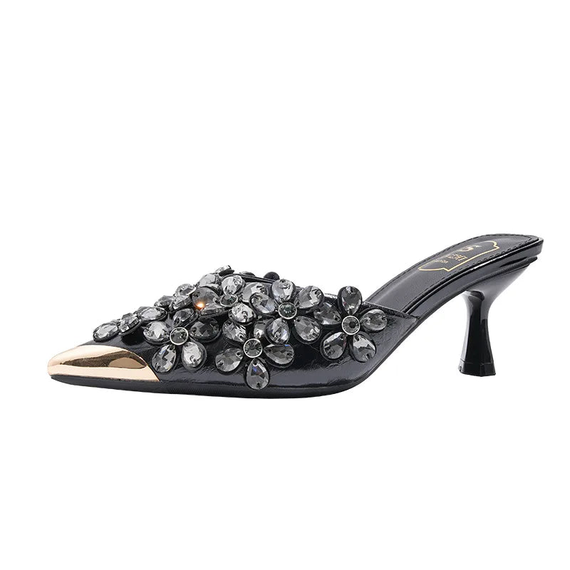 Luxury Rhinestones Pointed Toe Mules Pumps Women Slippers Summer New Fashion Slides Designer High Heeled Sandals Female Tacones