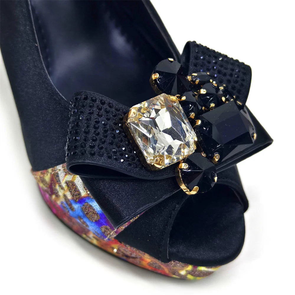 Shoes for Women High Heels INS Style Rhinestone Peep Toe Bow Gold Color New Italian Shoes and Bag for Party 2024